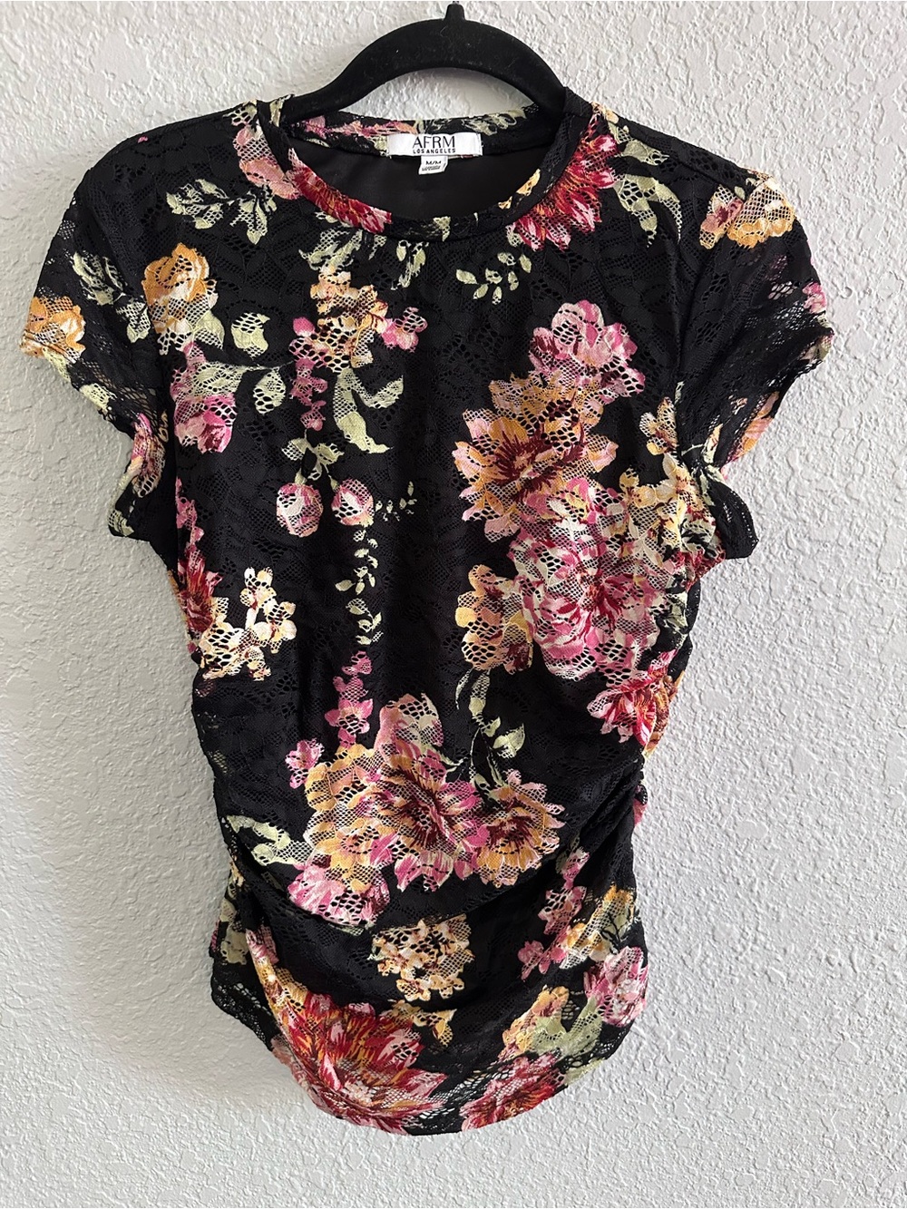 AFRM Los Angeles Floral Lace Mesh Ruched Top Medium Black Sheer Short Sleeve - Picture 1 of 10